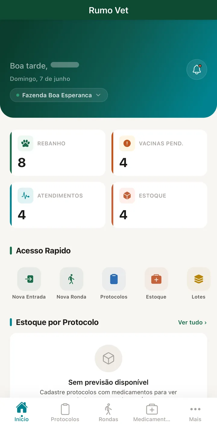 Tela inicial do Rumo Vet com totais de rebanho, vacinas pendentes, atendimentos e estoque