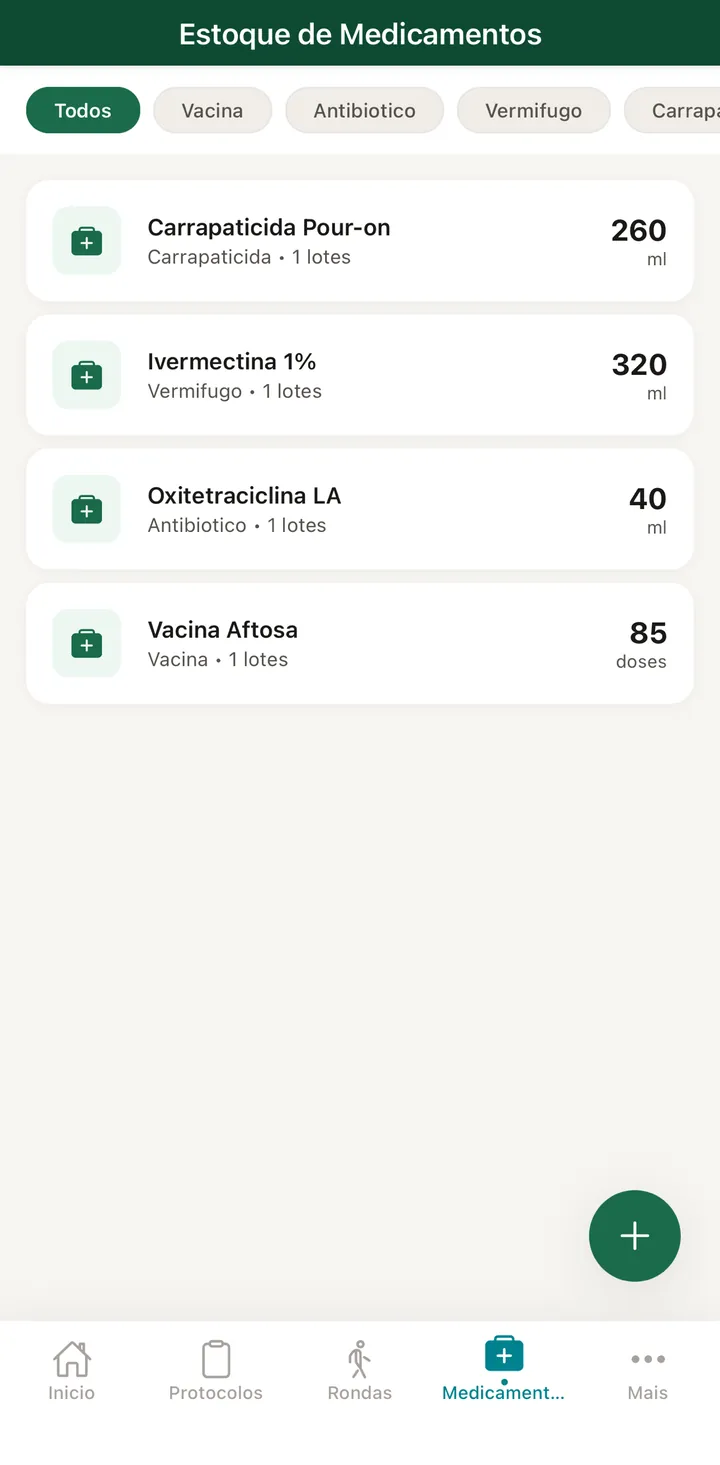 Estoque de medicamentos no Rumo Vet por tipo, com quantidade e lotes