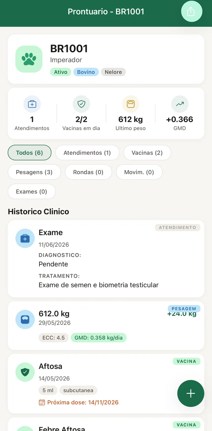 Prontuário de um animal no Rumo Vet com histórico clínico, pesagens e vacinas
