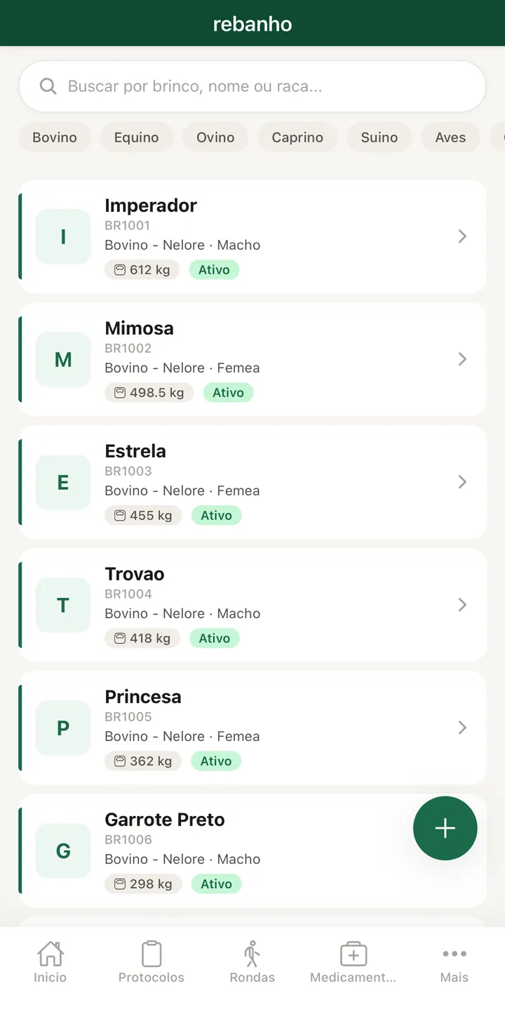 Lista do rebanho no Rumo Vet com brinco, raça, sexo e peso de cada animal